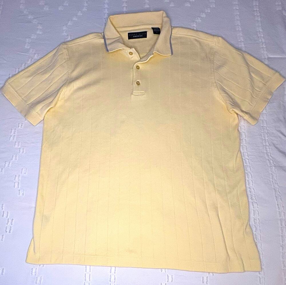 Perry Ellis America Men’s L Pale Yellow Brushed Cotton Polo Sweater Gray Trim